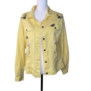 Las Olas Yellow 3D Bee Bug Spring Floral Embroidered Jacket Womens Large Flaw